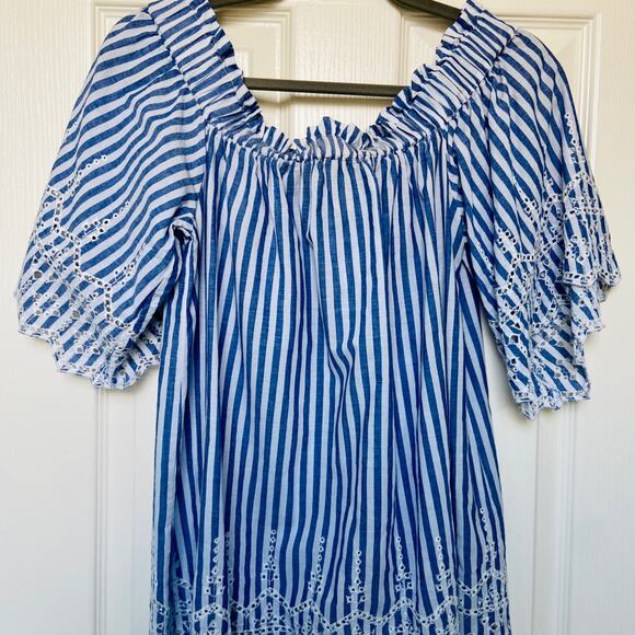 Blue Striped Off Shoulder Eyelet Top Summer Bohemian Casual - Picture 1 of 5